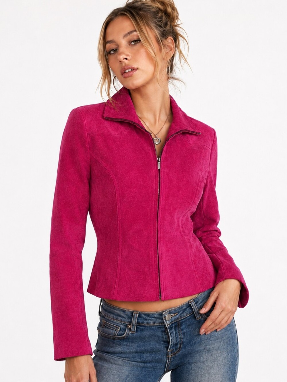Vintage Y2K Hot Pink Suede Leather Zip Jacket Barbiecore Western Glam S